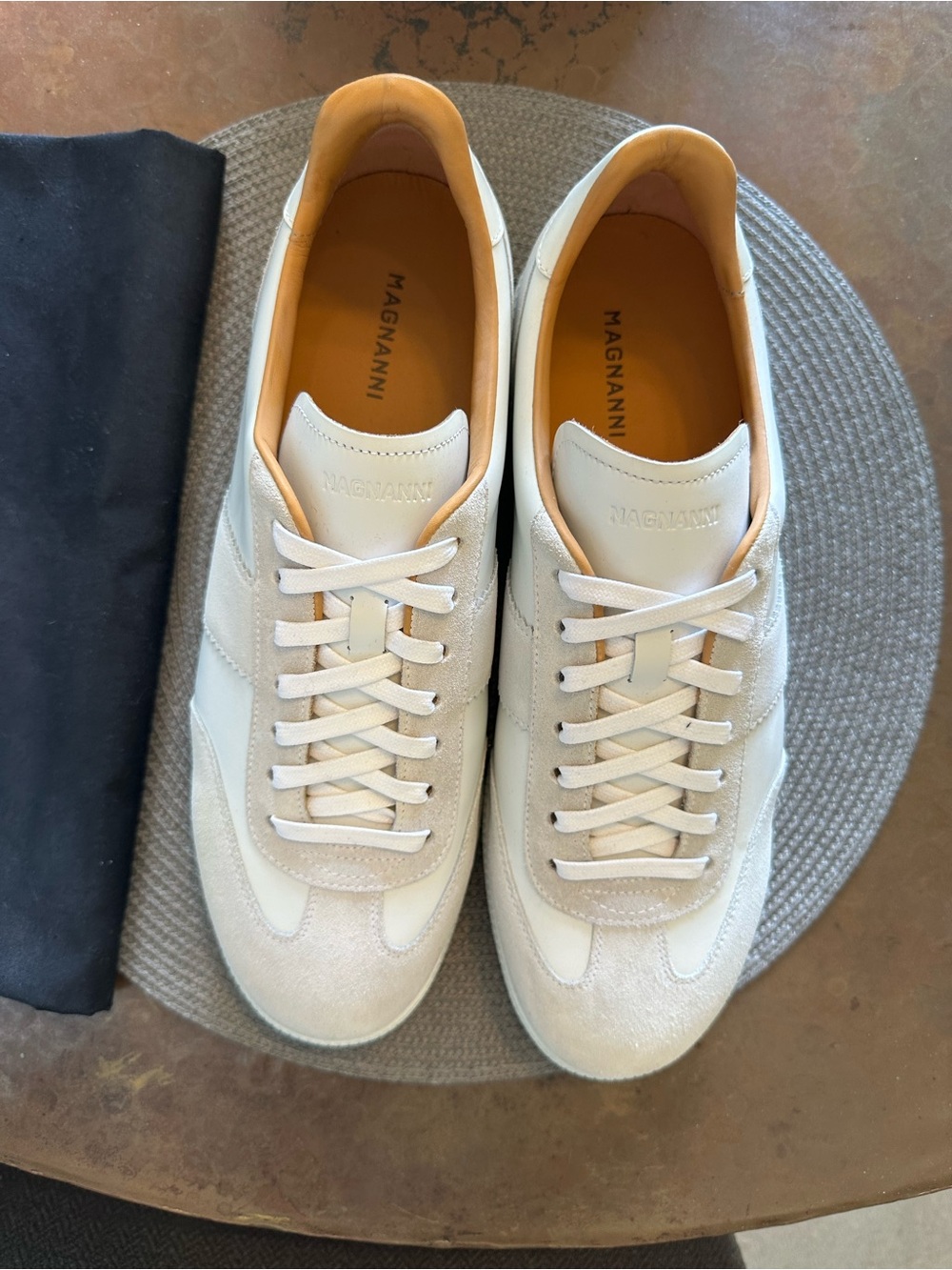 Magnanni Men’s Leather & Suede Sneakers in White with Tan Lining - Picture 3 of 6